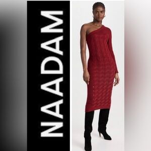 NAADAM Red Wool Cashmere One-Shoulder Cable Knit Midi Dress - size S 375